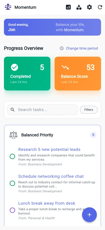 Momentum Dashboard - Balanced Priority task list with balance score